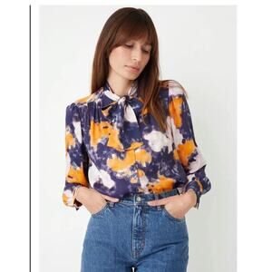 & Other Stories Tie Dye Purple Orange Longsleeve Button Blouse Tie Collar 6
